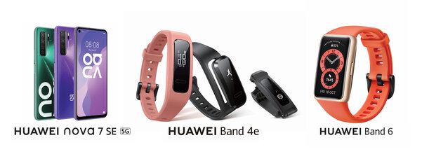 Unmatched features of three Huawei smart devices: Huawei Nova 7 SE, Band 4e (Active) and Band 6
